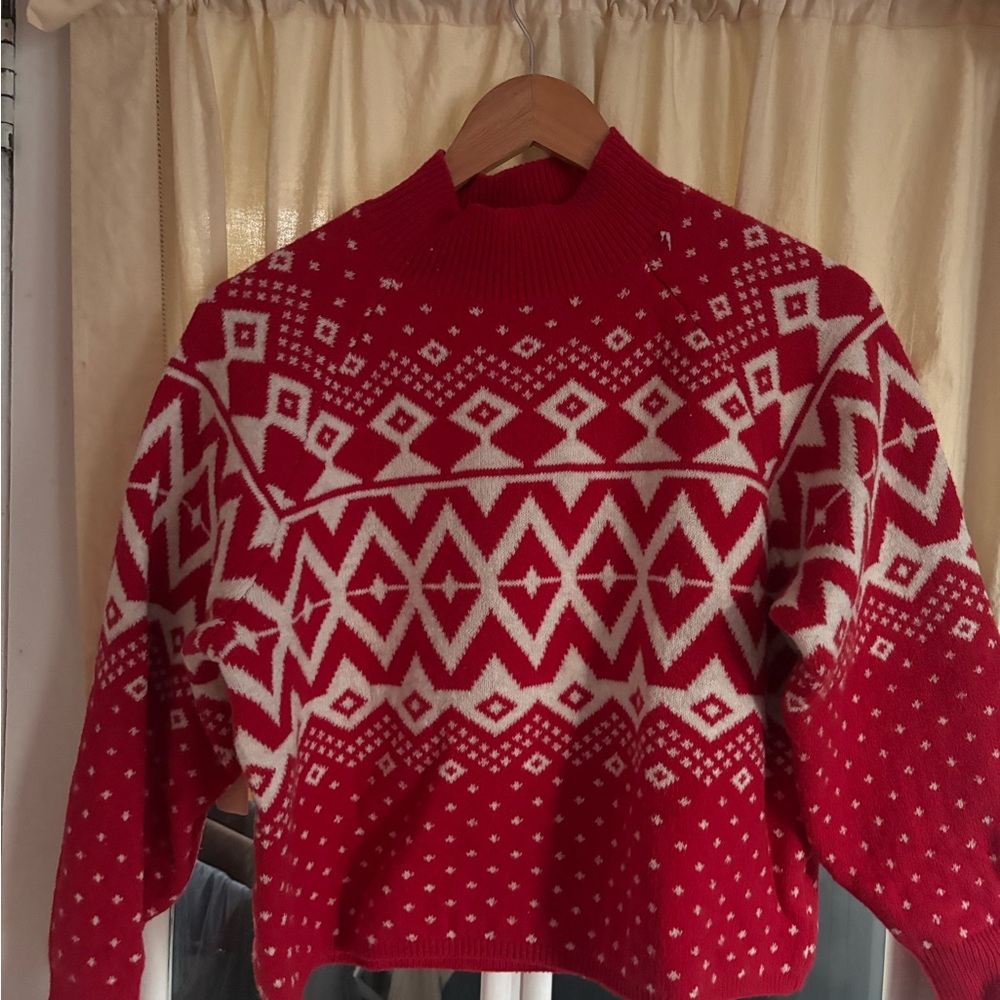 Old Navy Red and White Patterned Turtleneck Sweater